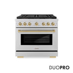 ZLINE Autograph Edition 36 in. 5.2 cu. ft. Paramount Gas Range with 6 Burner DuoPro™ Cooktop and Convection Gas Oven in Stainless Steel and Champagne Bronze Accents (PSGRZ-36-CB) front, with DuoPro™ logo.