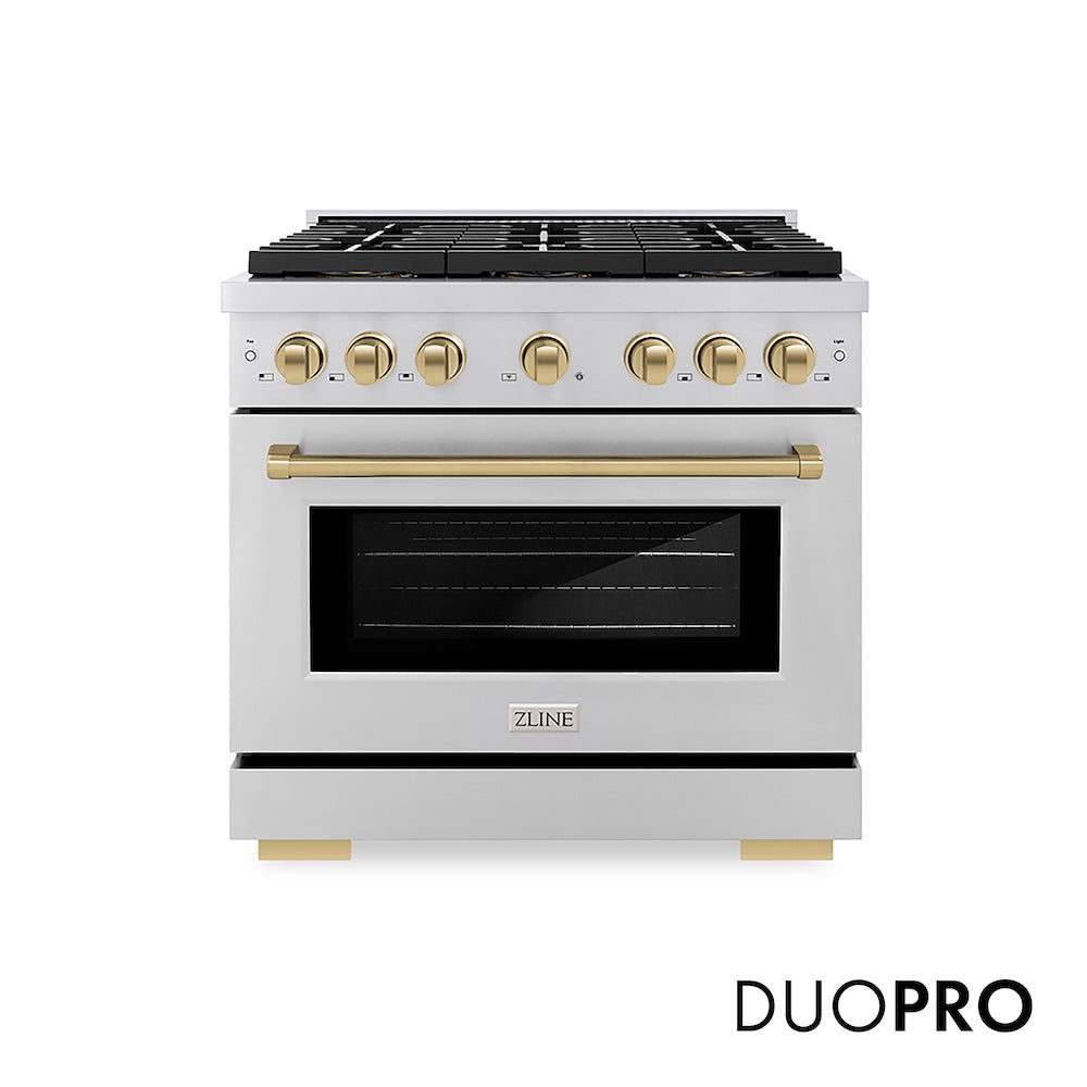 ZLINE Autograph Edition 36 in. 5.2 cu. ft. Paramount Gas Range with 6 Burner DuoPro™ Cooktop and Convection Gas Oven in Stainless Steel and Champagne Bronze Accents (PSGRZ-36-CB) front, with DuoPro™ logo.