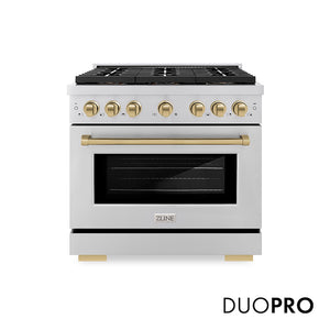 ZLINE Autograph Edition 36 in. 5.2 cu. ft. Paramount Gas Range with 6 Burner DuoPro™ Cooktop and Convection Gas Oven in Stainless Steel and Champagne Bronze Accents (PSGRZ-36-CB) main image.