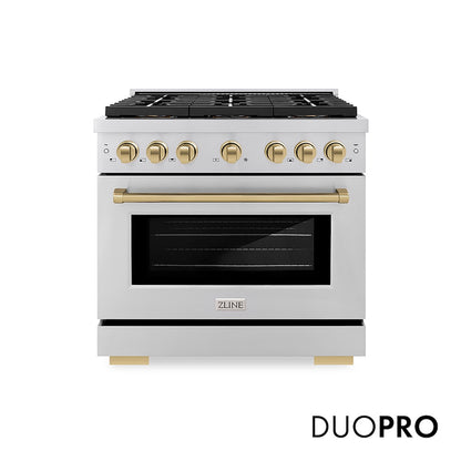 ZLINE Autograph Edition 36 in. 5.2 cu. ft. Paramount Gas Range with 6 Burner DuoPro™ Cooktop and Convection Gas Oven in Stainless Steel and Champagne Bronze Accents (PSGRZ-36-CB) front, with DuoPro™ logo.