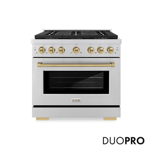 ZLINE Autograph Edition 36 in. 5.2 cu. ft. Paramount Gas Range with 6 Burner DuoPro™ Cooktop and Convection Gas Oven in Stainless Steel and Champagne Bronze Accents, Open Box-Great Condition main image.