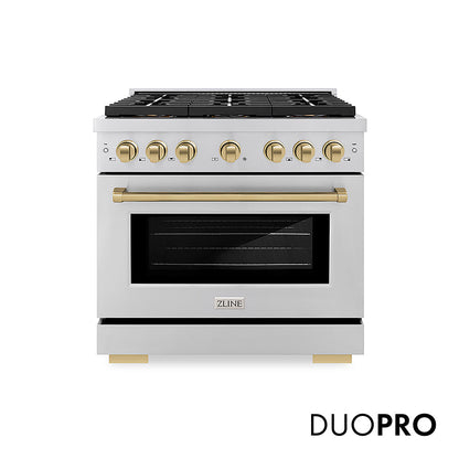ZLINE Autograph Edition 36 in. 5.2 cu. ft. Paramount Gas Range with 6 Burner DuoPro™ Cooktop and Convection Gas Oven in Stainless Steel and Champagne Bronze Accents, Open Box-Great Condition