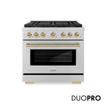 ZLINE Autograph Edition 36 in. 5.2 cu. ft. Paramount Gas Range with 6 Burner DuoPro™ Cooktop and Convection Gas Oven in Stainless Steel and Champagne Bronze Accents, Open Box-Good Condition