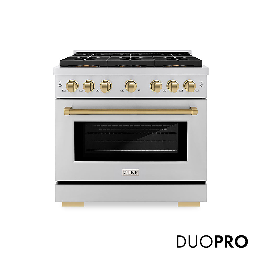 ZLINE Autograph Edition 36 in. 5.2 cu. ft. Paramount Gas Range with 6 Burner DuoPro™ Cooktop and Convection Gas Oven in Stainless Steel and Champagne Bronze Accents, Open Box-Good Condition