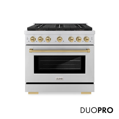 ZLINE Autograph Edition 36 in. 5.2 cu. ft. Paramount Gas Range with 6 Burner DuoPro™ Cooktop and Convection Gas Oven in Stainless Steel and Champagne Bronze Accents, Open Box-Good Condition