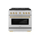 ZLINE Autograph Edition 36 in. 5.2 cu. ft. Paramount Gas Range with 6 Burner DuoPro™ Cooktop and Convection Gas Oven in Stainless Steel and Champagne Bronze Accents (PSGRZ-36-CB) front.