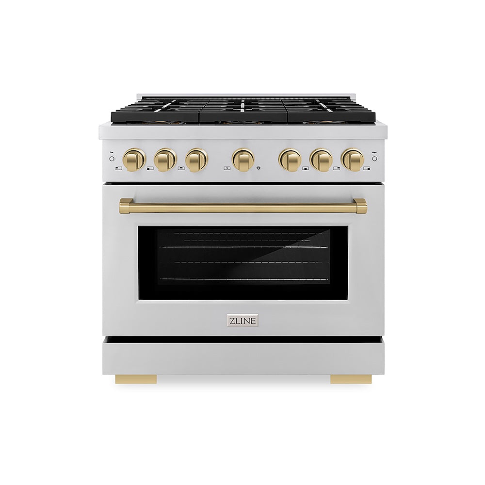 ZLINE Autograph Edition 36 in. 5.2 cu. ft. Paramount Gas Range with 6 Burner DuoPro™ Cooktop and Convection Gas Oven in Stainless Steel and Champagne Bronze Accents (PSGRZ-36-CB) front.