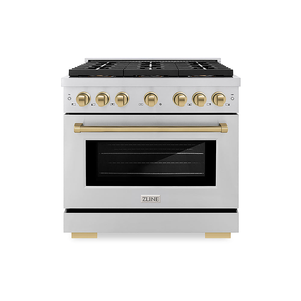 ZLINE Autograph Edition 36 in. 5.2 cu. ft. Paramount Gas Range with 6 Burner DuoPro™ Cooktop and Convection Gas Oven in Stainless Steel and Champagne Bronze Accents, Open Box-Good Condition