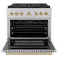 ZLINE Autograph Edition 36 in. 5.2 cu. ft. Paramount Gas Range with 6 Burner DuoPro™ Cooktop and Convection Gas Oven in Stainless Steel and Champagne Bronze Accents (PSGRZ-36-CB) front, oven open.