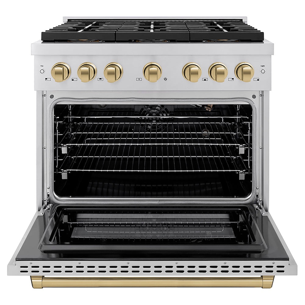ZLINE Autograph Edition 36 in. 5.2 cu. ft. Paramount Gas Range with 6 Burner DuoPro™ Cooktop and Convection Gas Oven in Stainless Steel and Champagne Bronze Accents (PSGRZ-36-CB) front, oven open.