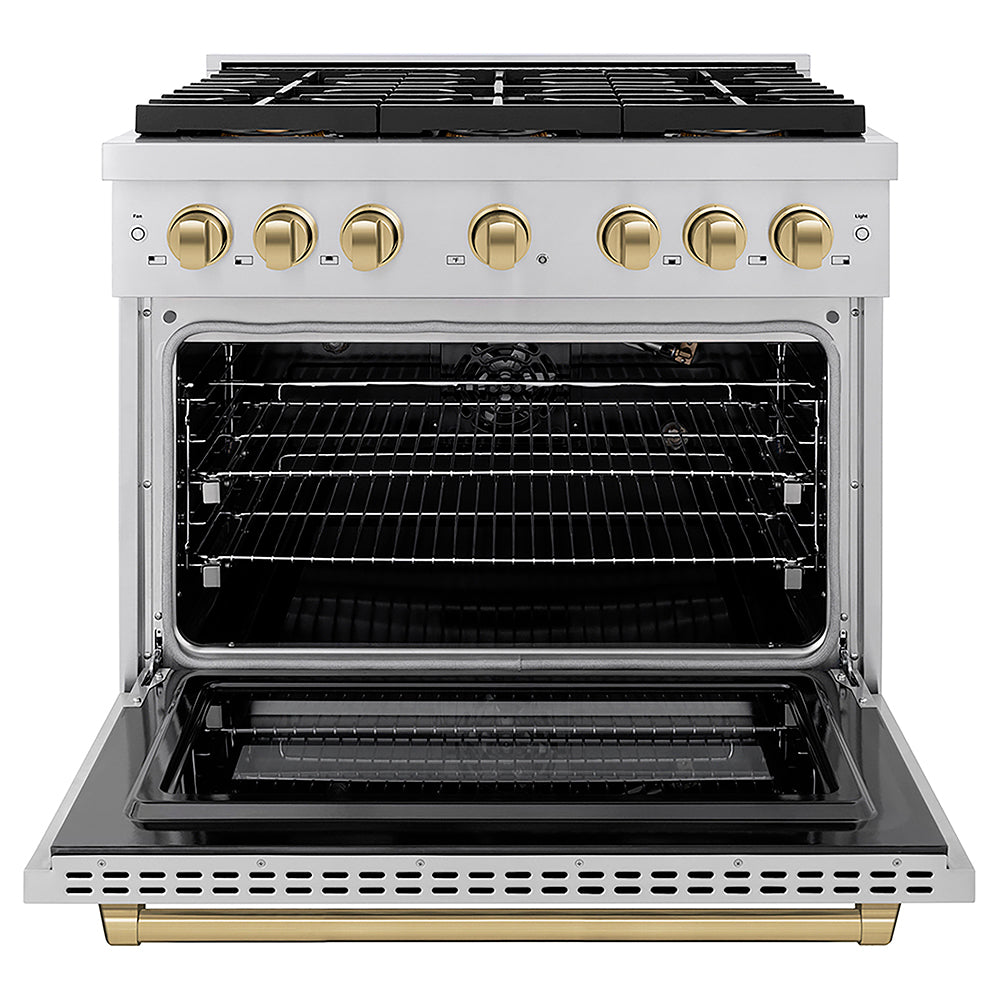 ZLINE Autograph Edition 36 in. 5.2 cu. ft. Paramount Gas Range with 6 Burner DuoPro™ Cooktop and Convection Gas Oven in Stainless Steel and Champagne Bronze Accents, Open Box-Good Condition