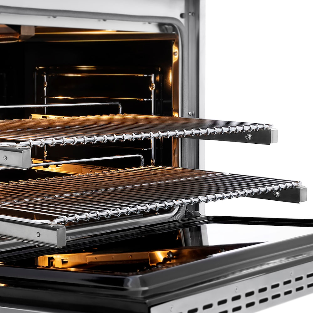 ZLINE Autograph Edition 36 in. 5.2 cu. ft. Paramount Gas Range with 6 Burner DuoPro™ Cooktop and Convection Gas Oven in Stainless Steel and Champagne Bronze Accents (PSGRZ-36-CB) side, oven open showing racks extended.