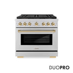 ZLINE Autograph Edition 36 in. 5.2 cu. ft. Paramount Gas Range with 6 Burner DuoPro™ Cooktop and Convection Gas Oven in Stainless Steel and Polished Gold Accents (PSGRZ-36-G) front, with DuoPro™ logo.