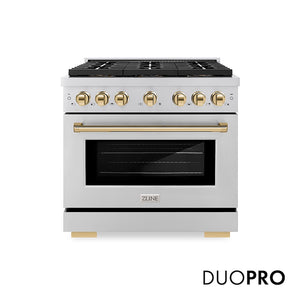 ZLINE Autograph Edition 36 in. 5.2 cu. ft. Paramount Gas Range with 6 Burner DuoPro™ Cooktop and Convection Gas Oven in Stainless Steel and Polished Gold Accents (PSGRZ-36-G) main image.