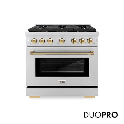 ZLINE Autograph Edition 36 in. 5.2 cu. ft. Paramount Gas Range with 6 Burner DuoPro™ Cooktop and Convection Gas Oven in Stainless Steel and Polished Gold Accents (PSGRZ-36-G) front, with DuoPro™ logo.