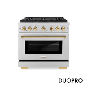 ZLINE Autograph Edition 36 in. 5.2 cu. ft. Paramount Gas Range with 6 Burner DuoPro™ Cooktop and Convection Gas Oven in Stainless Steel and Polished Gold Accents, Open Box-Great Condition main image.