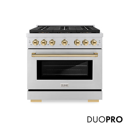 ZLINE Autograph Edition 36 in. 5.2 cu. ft. Paramount Gas Range with 6 Burner DuoPro™ Cooktop and Convection Gas Oven in Stainless Steel and Polished Gold Accents, Open Box-Great Condition