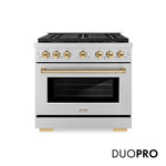 ZLINE Autograph Edition 36 in. 5.2 cu. ft. Paramount Gas Range with 6 Burner DuoPro™ Cooktop and Convection Gas Oven in Stainless Steel and Polished Gold Accents, Open Box-Good Condition