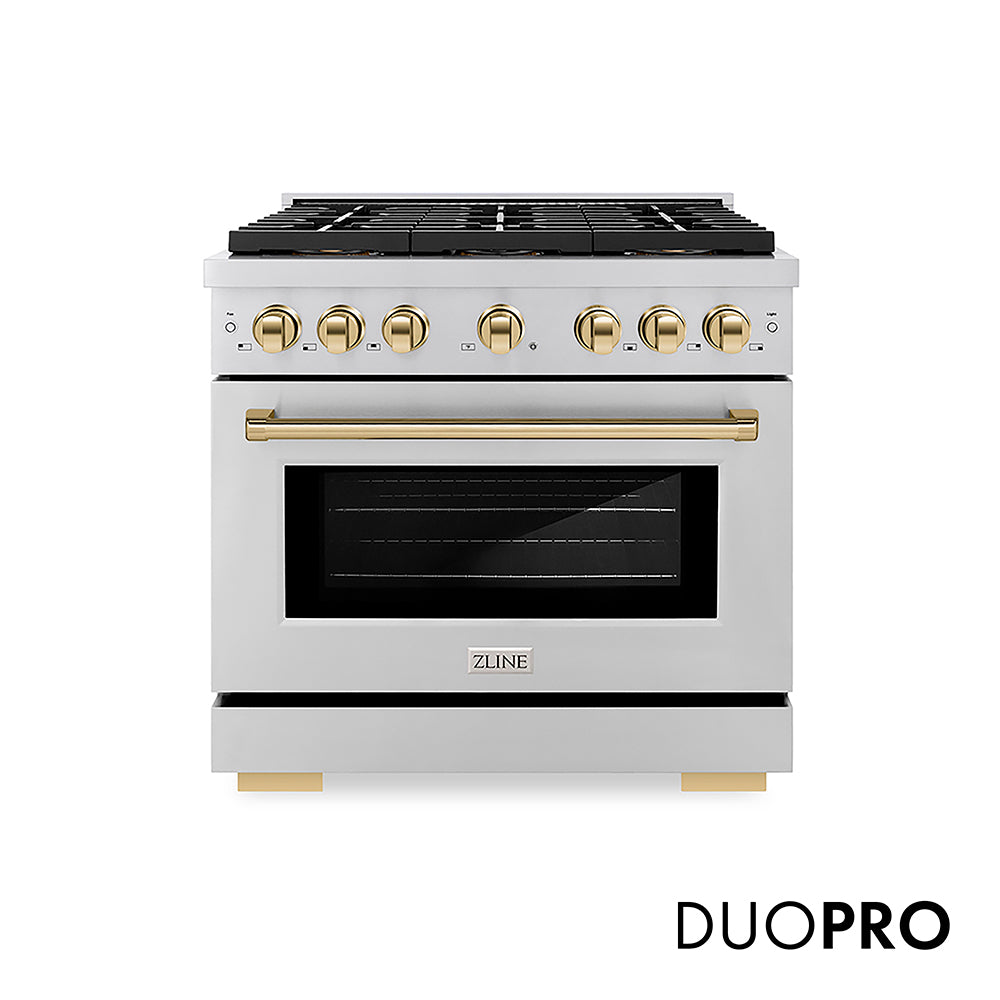 ZLINE Autograph Edition 36 in. 5.2 cu. ft. Paramount Gas Range with 6 Burner DuoPro™ Cooktop and Convection Gas Oven in Stainless Steel and Polished Gold Accents, Open Box-Good Condition