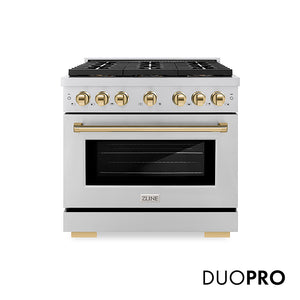 ZLINE Autograph Edition 36 in. 5.2 cu. ft. Paramount Gas Range with 6 Burner DuoPro™ Cooktop and Convection Gas Oven in Stainless Steel and Polished Gold Accents, Open Box-Good Condition main image.