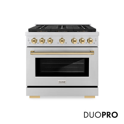 ZLINE Autograph Edition 36 in. 5.2 cu. ft. Paramount Gas Range with 6 Burner DuoPro™ Cooktop and Convection Gas Oven in Stainless Steel and Polished Gold Accents, Open Box-Good Condition