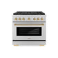 ZLINE Autograph Edition 36 in. 5.2 cu. ft. Paramount Gas Range with 6 Burner DuoPro™ Cooktop and Convection Gas Oven in Stainless Steel and Polished Gold Accents (PSGRZ-36-G) front.