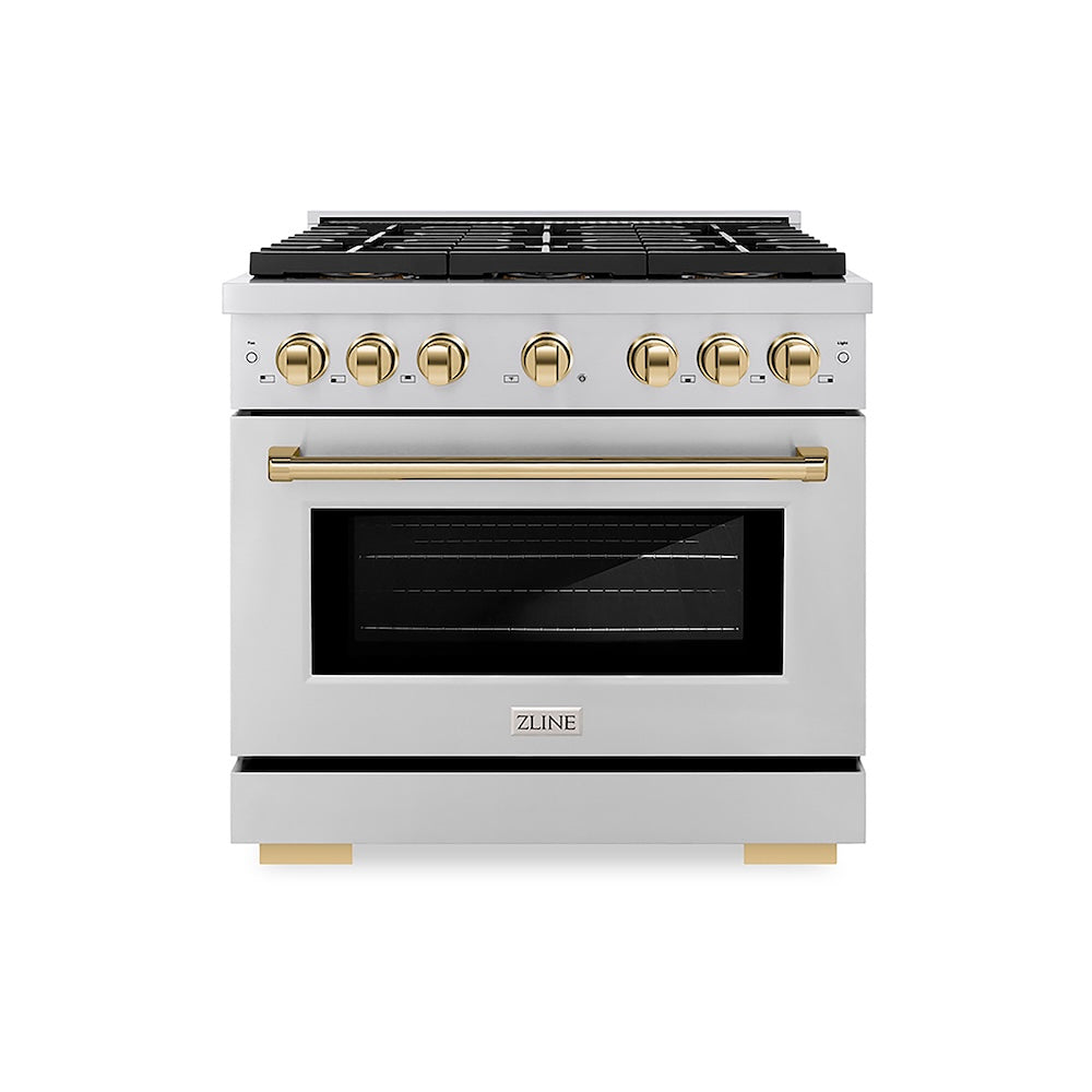 ZLINE Autograph Edition 36 in. 5.2 cu. ft. Paramount Gas Range with 6 Burner DuoPro™ Cooktop and Convection Gas Oven in Stainless Steel and Polished Gold Accents (PSGRZ-36-G) front.
