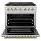 ZLINE Autograph Edition 36 in. 5.2 cu. ft. Paramount Gas Range with 6 Burner DuoPro™ Cooktop and Convection Gas Oven in Stainless Steel and Polished Gold Accents (PSGRZ-36-G) front, oven open.