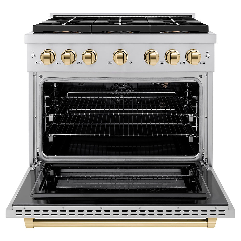 ZLINE Autograph Edition 36 in. 5.2 cu. ft. Paramount Gas Range with 6 Burner DuoPro™ Cooktop and Convection Gas Oven in Stainless Steel and Polished Gold Accents (PSGRZ-36-G) front, oven open.