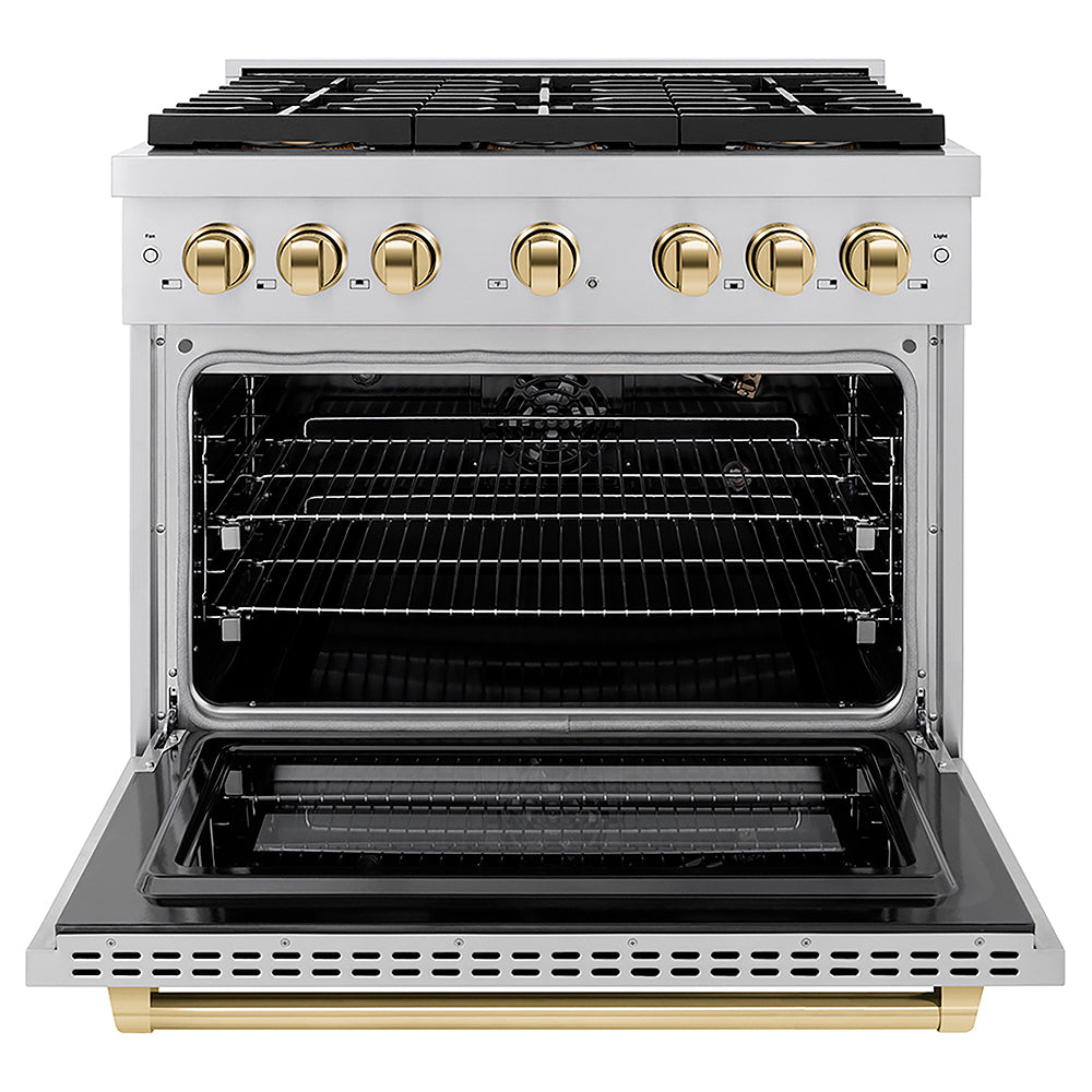 ZLINE Autograph Edition 36 in. 5.2 cu. ft. Paramount Gas Range with 6 Burner DuoPro™ Cooktop and Convection Gas Oven in Stainless Steel and Polished Gold Accents, Open Box-Good Condition