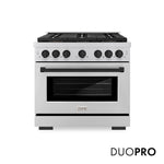 ZLINE Autograph Edition 36 in. 5.2 cu. ft. Paramount Gas Range with 6 Burner DuoPro™ Cooktop and Convection Gas Oven in Stainless Steel and Matte Black Accents (PSGRZ-36-MB) front, with DuoPro™ logo.