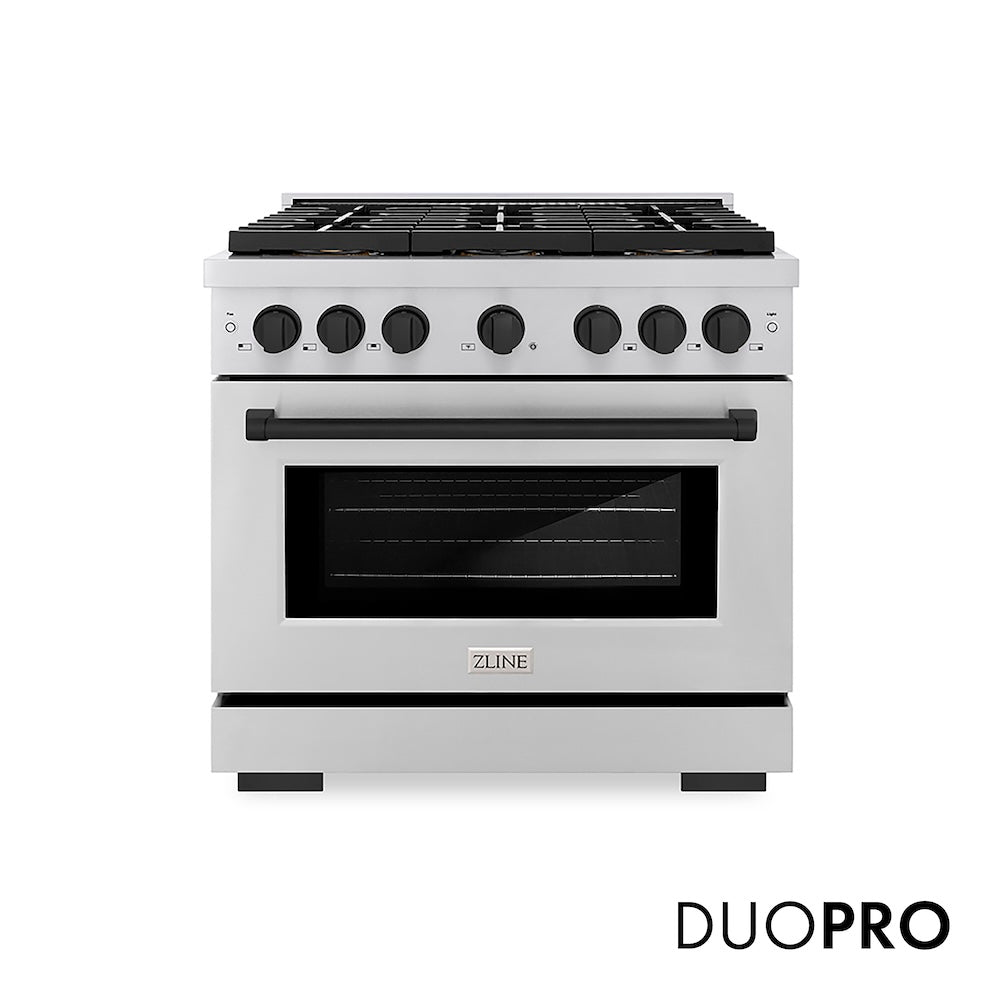ZLINE Autograph Edition 36 in. 5.2 cu. ft. Paramount Gas Range with 6 Burner DuoPro™ Cooktop and Convection Gas Oven in Stainless Steel and Matte Black Accents (PSGRZ-36-MB) front, with DuoPro™ logo.