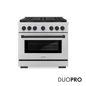 ZLINE Autograph Edition 36 in. 5.2 cu. ft. Paramount Gas Range with 6 Burner DuoPro™ Cooktop and Convection Gas Oven in Stainless Steel and Matte Black Accents (PSGRZ-36-MB) main image.