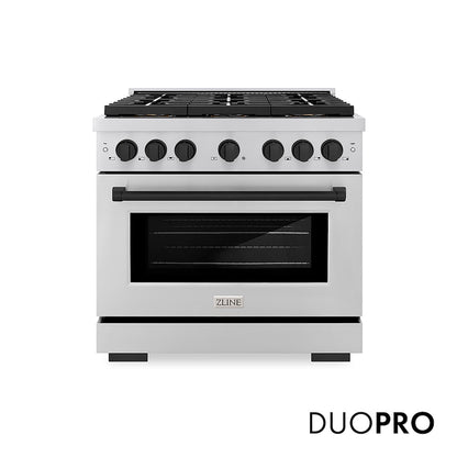 ZLINE Autograph Edition 36 in. 5.2 cu. ft. Paramount Gas Range with 6 Burner DuoPro™ Cooktop and Convection Gas Oven in Stainless Steel and Matte Black Accents (PSGRZ-36-MB) front, with DuoPro™ logo.