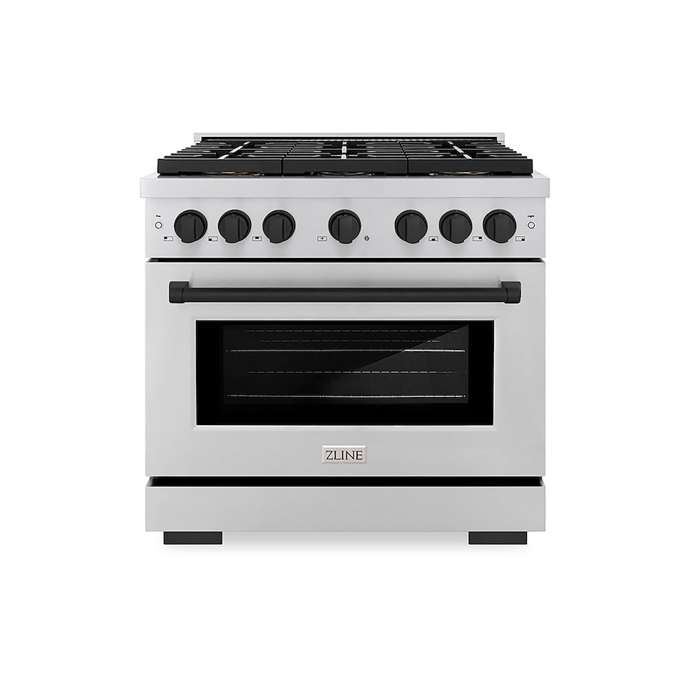 ZLINE Autograph Edition 36 in. 5.2 cu. ft. Paramount Gas Range with 6 Burner DuoPro™ Cooktop and Convection Gas Oven in Stainless Steel and Matte Black Accents (PSGRZ-36-MB) front.