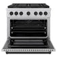ZLINE Autograph Edition 36 in. 5.2 cu. ft. Paramount Gas Range with 6 Burner DuoPro™ Cooktop and Convection Gas Oven in Stainless Steel and Matte Black Accents (PSGRZ-36-MB) front, oven open.