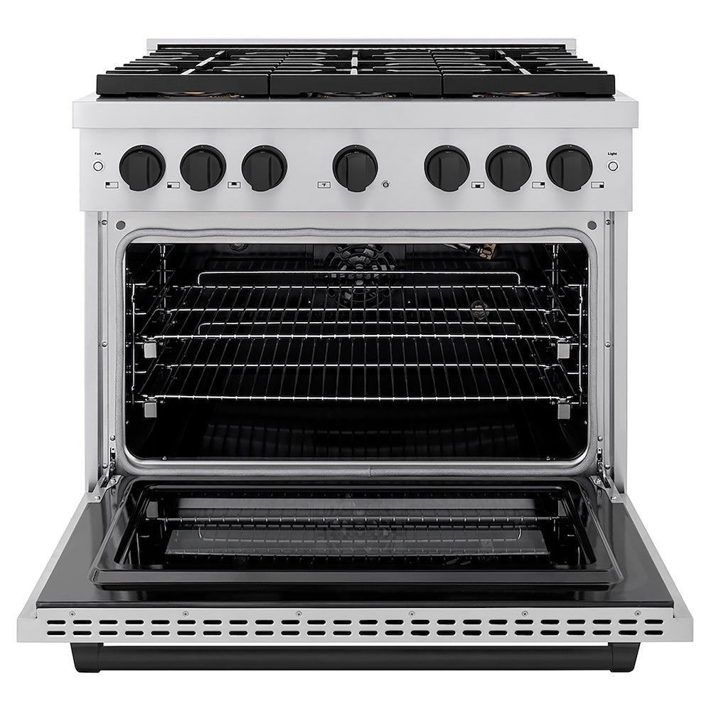 ZLINE Autograph Edition 36 in. 5.2 cu. ft. Paramount Gas Range with 6 Burner DuoPro™ Cooktop and Convection Gas Oven in Stainless Steel and Matte Black Accents (PSGRZ-36-MB) front, oven open.