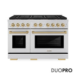 ZLINE Autograph Edition 48 in. 6.7 cu. ft. Paramount Gas Range with 8 Burner DuoPro™ Cooktop and Dual Ovens in Stainless Steel and Champagne Bronze Accents (PSGRZ-48-CB) front, with DuoPro™ logo.