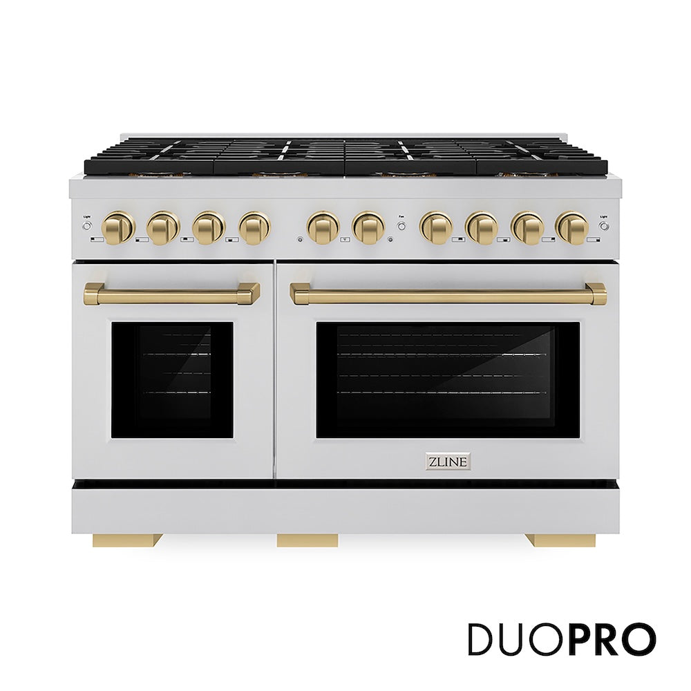 ZLINE Autograph Edition 48 in. 6.7 cu. ft. Paramount Gas Range with 8 Burner DuoPro™ Cooktop and Dual Ovens in Stainless Steel and Champagne Bronze Accents (PSGRZ-48-CB) front, with DuoPro™ logo.
