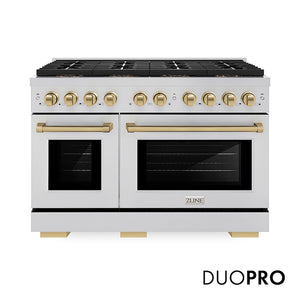 ZLINE Autograph Edition 48 in. 6.7 cu. ft. Paramount Gas Range with 8 Burner DuoPro™ Cooktop and Dual Ovens in Stainless Steel and Champagne Bronze Accents (PSGRZ-48-CB) main image.