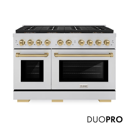 ZLINE Autograph Edition 48 in. 6.7 cu. ft. Paramount Gas Range with 8 Burner DuoPro™ Cooktop and Dual Ovens in Stainless Steel and Champagne Bronze Accents (PSGRZ-48-CB) front, with DuoPro™ logo.