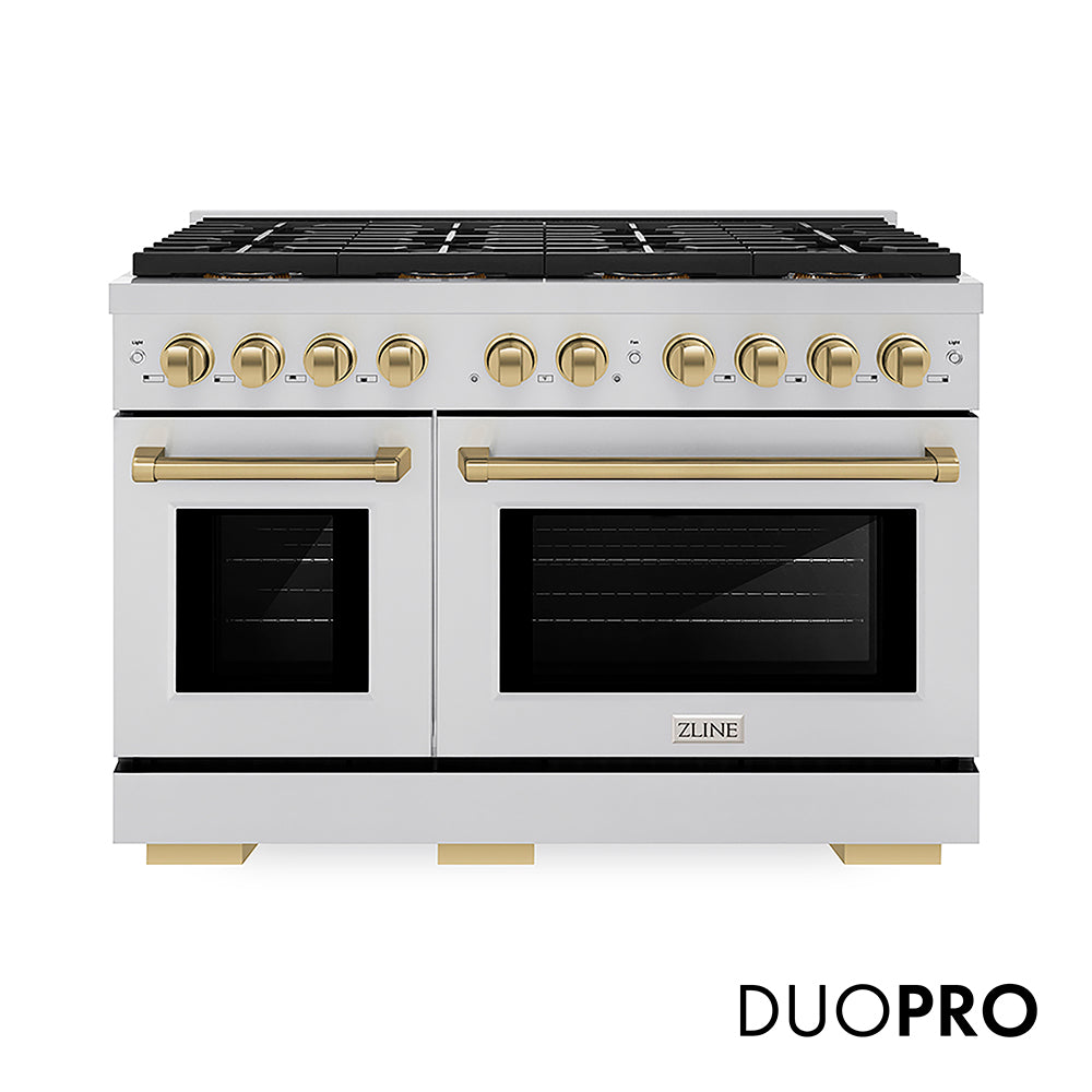 ZLINE Autograph Edition 48 in. 6.7 cu. ft. Paramount Gas Range with 8 Burner DuoPro™ Cooktop and Dual Ovens in Stainless Steel and Champagne Bronze Accents, Open Box-Good Condition