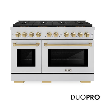 ZLINE Autograph Edition 48 in. 6.7 cu. ft. Paramount Gas Range with 8 Burner DuoPro™ Cooktop and Dual Ovens in Stainless Steel and Champagne Bronze Accents, Open Box-Good Condition