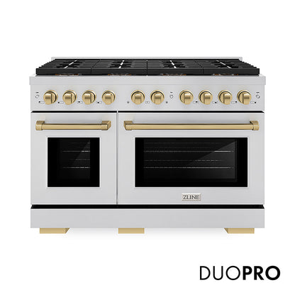 ZLINE Autograph Edition 48 in. 6.7 cu. ft. Paramount Gas Range with 8 Burner DuoPro™ Cooktop and Dual Ovens in Stainless Steel and Champagne Bronze Accents, Open Box-Great Condition