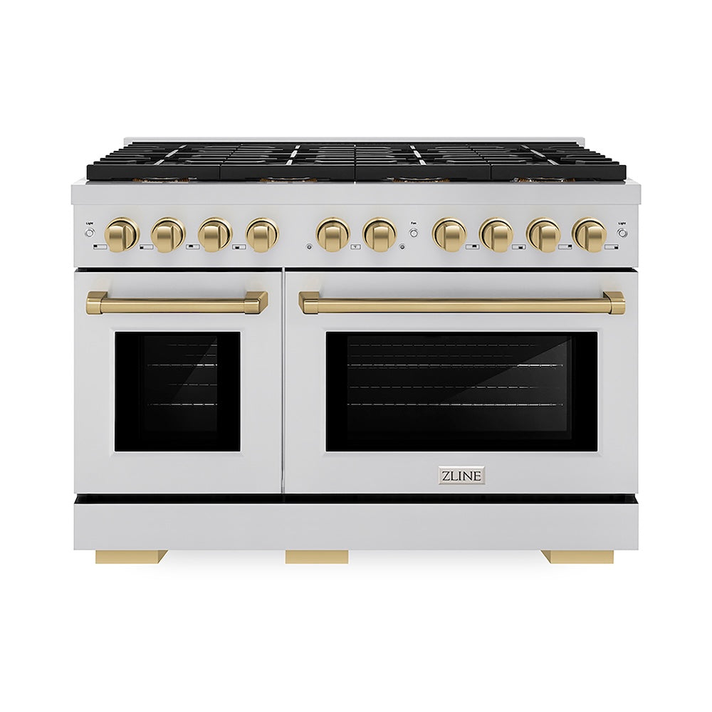 ZLINE Autograph Edition 48 in. 6.7 cu. ft. Paramount Gas Range with 8 Burner DuoPro™ Cooktop and Dual Ovens in Stainless Steel and Champagne Bronze Accents (PSGRZ-48-CB) front.