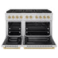 ZLINE Autograph Edition 48 in. 6.7 cu. ft. Paramount Gas Range with 8 Burner DuoPro™ Cooktop and Dual Ovens in Stainless Steel and Champagne Bronze Accents (PSGRZ-48-CB) front, oven open.