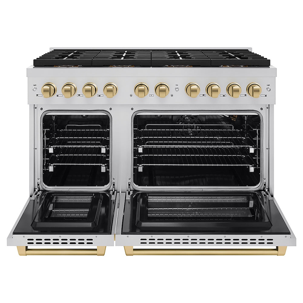 ZLINE Autograph Edition 48 in. 6.7 cu. ft. Paramount Gas Range with 8 Burner DuoPro™ Cooktop and Dual Ovens in Stainless Steel and Champagne Bronze Accents (PSGRZ-48-CB) front, oven open.