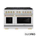 ZLINE Autograph Edition 48 in. 6.7 cu. ft. Paramount Gas Range with 8 Burner DuoPro™ Cooktop and Dual Ovens in Stainless Steel and Polished Gold Accents (PSGRZ-48-G) front, with DuoPro™ logo.