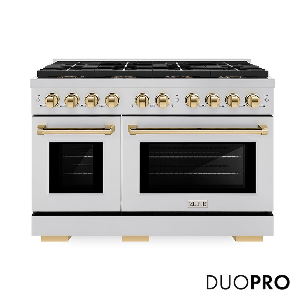 ZLINE Autograph Edition 48 in. 6.7 cu. ft. Paramount Gas Range with 8 Burner DuoPro™ Cooktop and Dual Ovens in Stainless Steel and Polished Gold Accents (PSGRZ-48-G) front, with DuoPro™ logo.