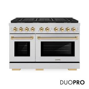 ZLINE Autograph Edition 48 in. 6.7 cu. ft. Paramount Gas Range with 8 Burner DuoPro™ Cooktop and Dual Ovens in Stainless Steel and Polished Gold Accents (PSGRZ-48-G) main image.